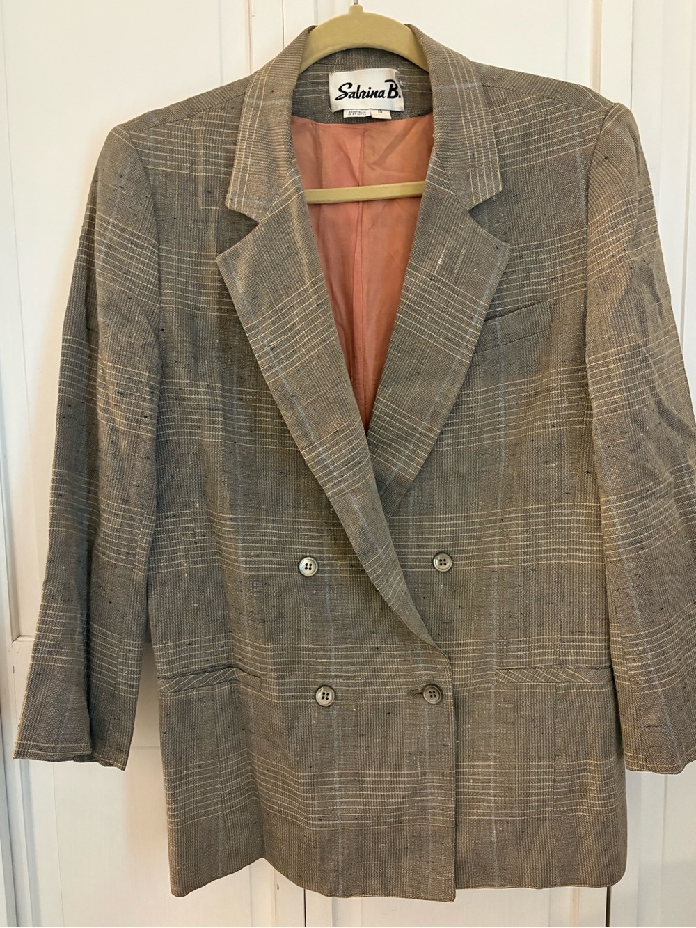 Sabrina B. Women's Double-Breasted Plaid Blazer in Taupe